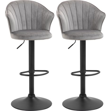 Lot de 2 tabourets de bar tournants en velours gris, hauteur réglable, sans accoudoirs (1/5)