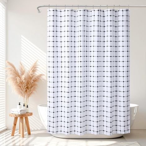 Rideau de Douche Bohème à Carreaux, Tissu Polyester-Lin à Carreaux, Revêtement Imperméable Rideaux de Douche pour Salle de Bain Style Campagnard Rustique Shabby Chic Neutre, 182 x 182 cm (1/5)