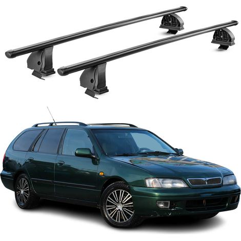 OMAC Stahl Dachträger Querträger Nissan Primera I Schrägheck Kombi 1990-1996 – TÜV / DIN 75302:2019 – Abschließbar – Max. 75 kg – 2 Stangen – Schwarz (1/5)