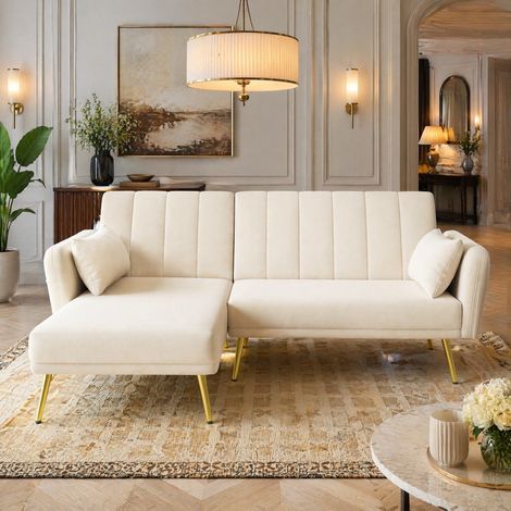 Canapé d'angle convertible réversible velours beige OKMYHOME (1/5)