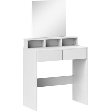 Coiffeuse moderne blanche avec miroir, table de maquillage à 2 tiroirs et 3 compartiments, 75 x 38 x 135 cm. (1/5)