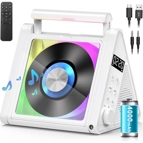 Lecteur CD portables pour la maison, système Hi-Fi 2 × 10 W avec Bluetooth 5.3, lecteur CD rechargeable de 4000 mAh, radio FM, USB, AUX, télécommande, éclairage RGB, lecteur CD d'intérieur (1/5)