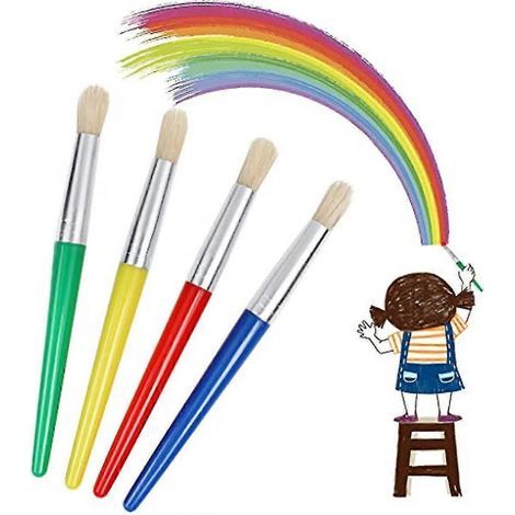 Set mit 4 Kinderpinseln, mit flachen Spitzen, Kunststoffgriffen und Schweineborsten, verschiedene Farben. (1/4)