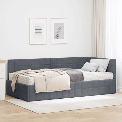 vidaXL Corner Bed Frame with Mattress with Headboard 2 pcs Grey Velvet (1/5)
