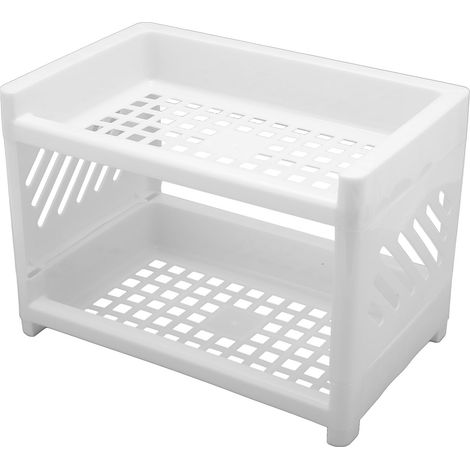Organiseur de bureau à 2 niveaux, design ajouré, en polypropylène blanc épais, étagère de bureau polyvalente pour chambre, salle de bain ou bureau. (1/5)