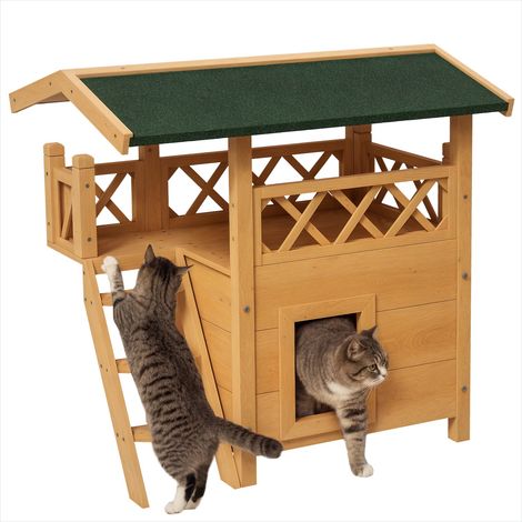 Maison pour chat Cabane pour chat en bois massif avec terrasse (1/5)