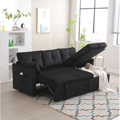 Sofá cama 206/108 cm negro de pana, modular con almacenamiento (1/5)