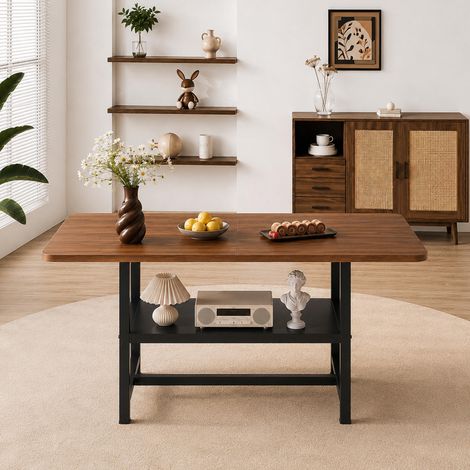 Table rectangulaire industrielle noyer, 160x90x76 cm, 4-6 pers, étagère, pieds métal noir (1/5)