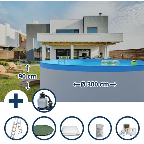 Stahlwandpool Set (7-teilig) hoch rund 300 x 90 cm, Stahl 0,3 mm weiß Folie 0,2 mm blau (1/5)