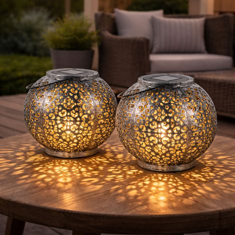 Solarlampe Hängeleuchte Gartendeko LED Garten rund Außenleuchte Tisch Kugeldesign, Kunststoff schwarz silber, 1x LED, DxH 18x17 cm, 2er Set