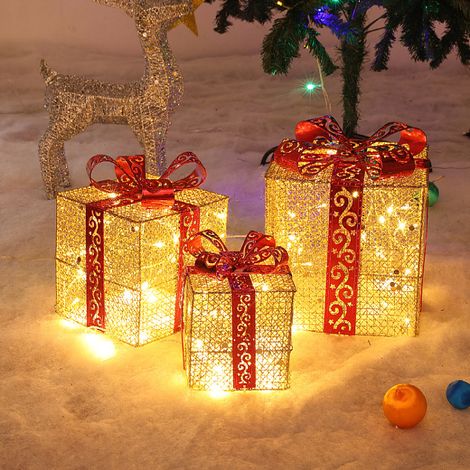 Coffret de Noël lumineux, 3 décorations de Noël, boîte cadeau en fer, fournitures de Noël lumineuses, doré, prise UE (1/4)