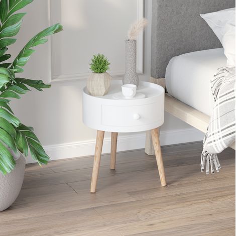 Tavolino rotondo con cassetto 38 x 38 x 45 cm bianco DESVIAE (1/5)