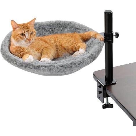 Lit de bureau pour chat - Support rotatif à 360° - Avec balle en peluche interactive - Hamac et panier à chat - Charge maximale : 22,5 kg - Rond - Gris (1/5)