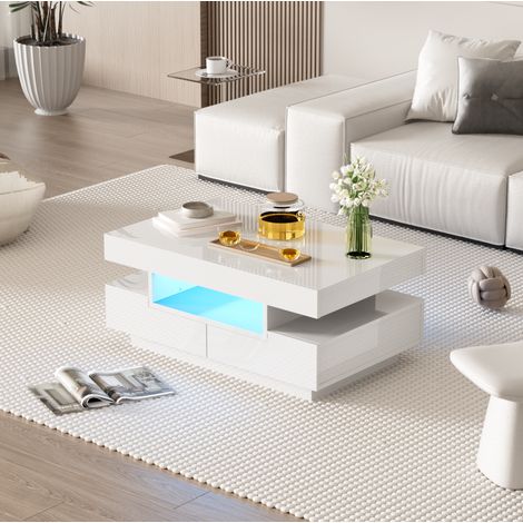 Mesa baja blanca brillo con LED, 4 cajones al frente y atrás (1/5)