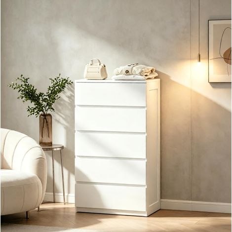 Cómoda (60x39x100 cm), 5 cajones, diseño sin tiradores, tablero de partículas, blanco (1/5)