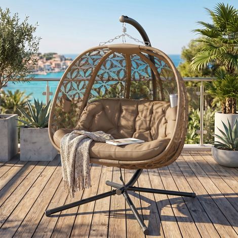 Fauteuil suspendu 2 places avec support pliable, nacelle hamac avec coussin épais, porte-gobelets et ceinture de sécurité (1/5)