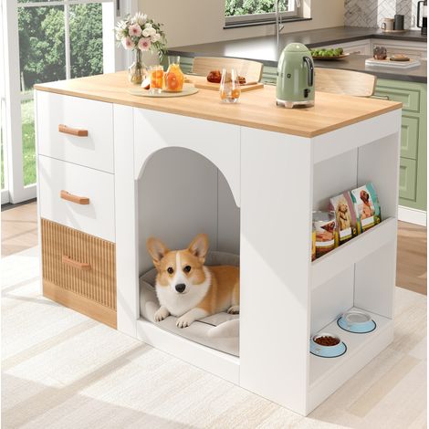 Kücheninsel mit Hundebereich (120x60x90 cm), 3 Schubladen, Seitenablagen, MDF, Weiß (1/5)