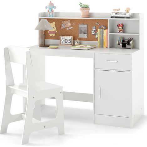 Costway – Bureau enfant avec chaise ergonomique – Dimensions 109,5x48x100,5 cm – MDF blanc – Rangement avec tiroir et étagères – Tableau en liège intégré