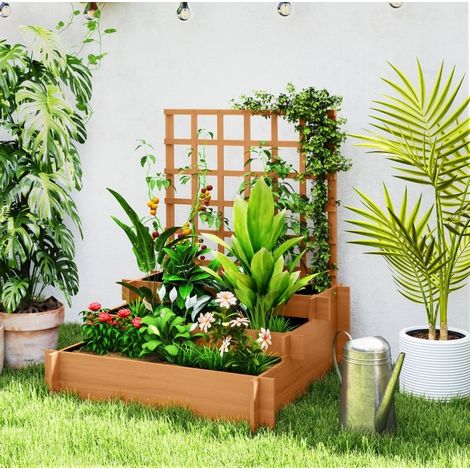 Fioriera rialzata 95x95x110 cm in legno marrone, 3 livelli con traliccio FloraGrace (1/5)