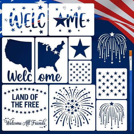 10 Pièces Pochoirs Motifs Célébration avec un Pinceau Pochoirs Peinture Bienvenue Pochoir Feu Artifice Pochoir Étoile PET Thèmes Fête Indépendance Gabarit pour Bois Sol Carrelage Mur DIY (1/5)