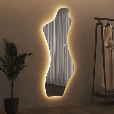 Asymmetrischer Standspiegel mit Beleuchtung 165x65 cm Ganzkörperspiegel mit Beleuchtung Asymetrischer Spiegel mit Beleuchtung für Ankleidezimmer, Schlafzimmer, Wohnzimmer, Friseursalon