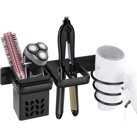Hair Dryer Holder Wall Mounted Hair Dryer Holder Hair Dryer and Straightener Holder for Hair Brush Storage Hair Dryer Straightener for Bathroom Bedroom Hotel Black (1/4)