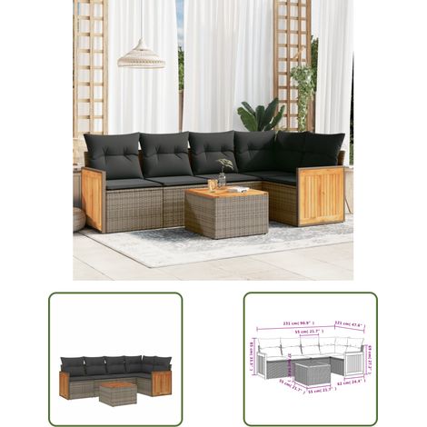 The Living Store 6-tlg. Garten-Sofagarnitur mit Kissen Grau Poly Rattan - Gartenmöbel - Esstisch - Lounge Set - Outdoor Möbel - Rattan Gartenmöbel (1/3)