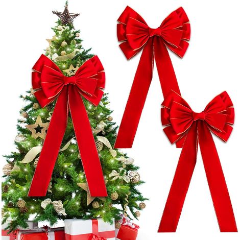 2X Grandes Noeud de Noël Rouges: 90 cm x 45 cm Grands Boucles Rouge Velours Décoratives pour Sapin de Noël Portes Fenêtres et Cheminée Décoration de Porte D'entrée (2, Noeud) (1/5)
