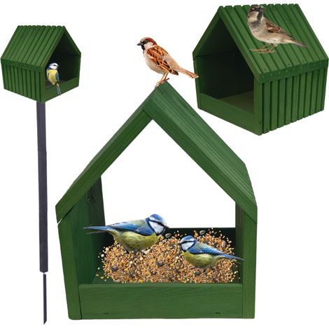 MODO24 Mangeoire oiseaux sur pied bois étanche avec toit, nichoir cabane jardin/balcon, toute saison, montée, 117x24x22 cm, vert (1/5)