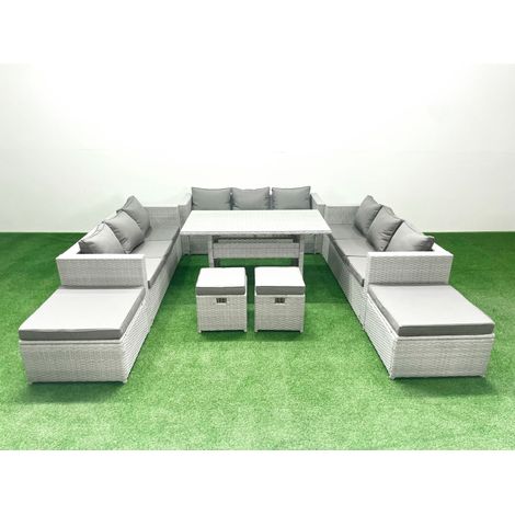 Fimous Rattan Garden Furniture Dining Set 13 Seater Lounge Sofa Dining Table Set with 4 Footstools Light Grey Mixed (1/5)