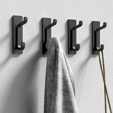 Gancho de pared autoadhesivo, toallero para el baño, gancho para paños de cocina, perchero autoadhesivo, montaje en pared sin taladrar, impermeable, inoxidable, negro, 4 piezas (1/5)