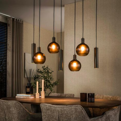 Suspension îlot cuisine verre brun givré métal bronze 7 lampes NOVA