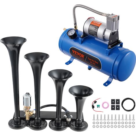 VEVOR Set Clacson da Camion Auto, Set da 4 Trombe Clacson 150 dB per Camioncini, Compressore deAria da 12V Pressione 120 PSI, Serbatoio 6 Litri con Manometro per Veicolo a 12V, Camion, Furgone, Barca