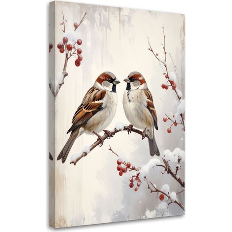 Impresión de Imagen, Pájaros posados en una rama en invierno en color beige, 60x90 (1/5)