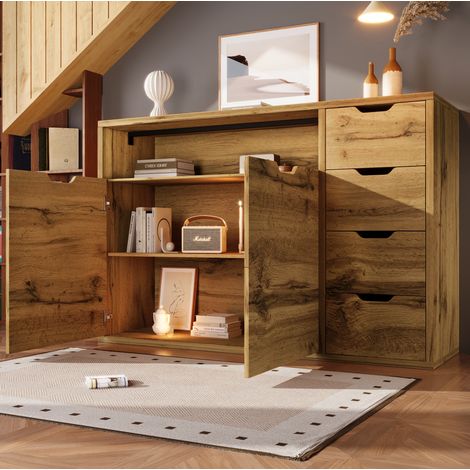 Buffet 150x40x90 cm chêne en MDF et métal avec niche ouverte, 2 portes, 4 tiroirs et fermeture douce (1/5)