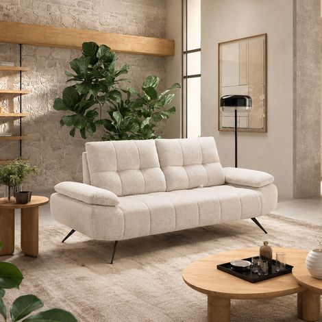M&S – Canapé droit 3 places beige chiné – Dossier avance-recule – Accoudoirs rabattables – Armature bois massif – Tissu 100% polyester (1/5)