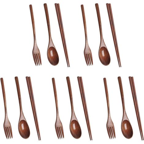 Ensemble de 5 couverts en bois, portable, écologique et réutilisable, comprenant cuillère, fourchette et baguettes, idéal pour le camping et le déjeuner. (1/5)