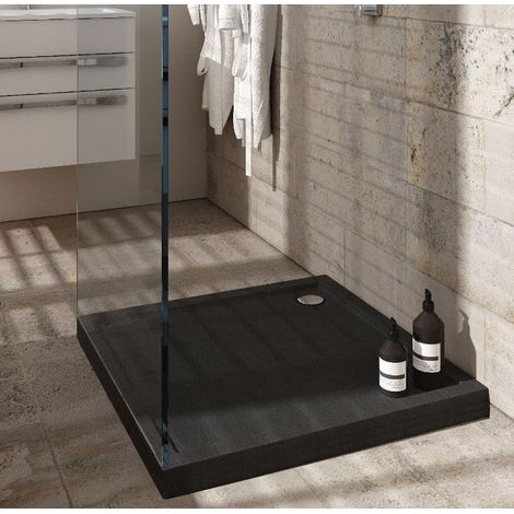 ECOLAM Receveur de douche carré Competia Noir 80x80, hauteur 12 cm profondeur 2,5 cm. Effet pierre noir mat (1/5)