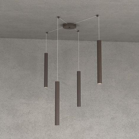Lampadario top light round tube 1174 s4 gu10 led cilindro metallo moderno, finitura metallo marrone