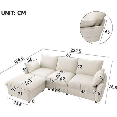 Moderner Ecksofa mit Ottomane (inkl. 1 Hocker), 3-Sitzer Sofa aus Chenille, geeignet für Wohnzimmer, Apartment und Single-Haushalt, Beige, 222,5 × 154,5 × 76,5 cm (1/5)