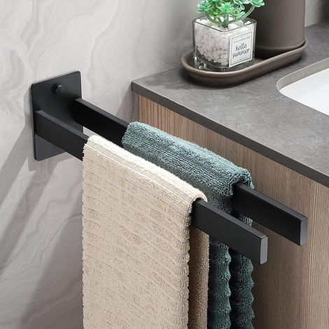 Porte-serviette- Mural, acier inoxydable, adapté pour salle de bain ou cuisine, 38 cm, noir (1/5)