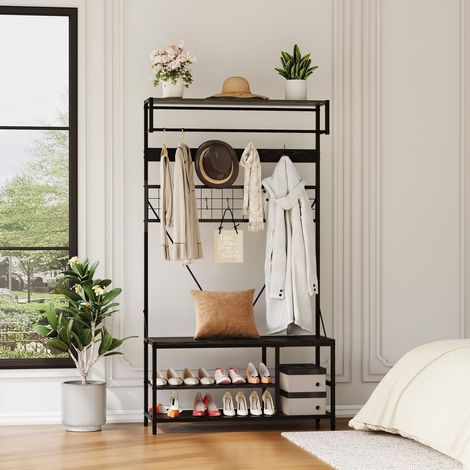 Porte-Manteau avec Banc à Chaussures, Vestiaire D'entrée avec Étagère Réglable, Meuble D'entrée en Bois, 100 × 37 × 185 cm, pour Entrée, Couloir, Chambre (1/5)