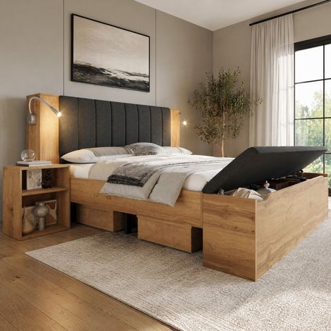 DESMIU Lit Double 180 × 200 cm avec lampe de lecture, USB, deux chevets et banquette, sans matelas, en bois, chêne (1/5)
