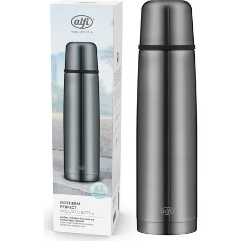 alfi ISOTHERM AV 1000ml, cool grey mat, borraccia isolante in acciaio con bicchiere, ermetica con chiusura automatica, smontabile, caldo per 12 ore, anti-impronte, senza BPA (1/4)