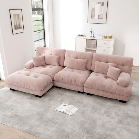 Divano modulare angolare rosa in chenille con pouf mobili e seduta profonda (1/5)