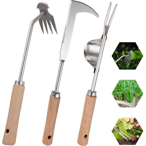 3-teiliges manuelles Unkrautstecher-Set mit Holzgriff, manuelles Unkrautentfernungswerkzeug, verdickter Edelstahl-Gartenunkrautstecher, einfache Aufbewahrung, zum Jäten Ihres Gartens, Graben (1/5)
