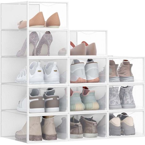 Cajas organizadoras de zapatos de plástico con puerta juego de 12 apilables fácil montaje 332 x 23 x 145 cm para tallas de calzado hasta 43 transparente y blanco 120004463 (1/5)