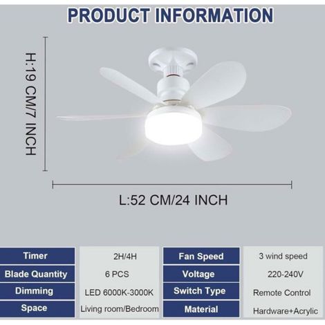 Ventilateur De Plafond - 52 Cm - 40 W - Lumière Led Intégrée - Douille E27 - 6 Pales - 3 Vitesses - Télécommande Incluse - 1 Pièce (1/5)
