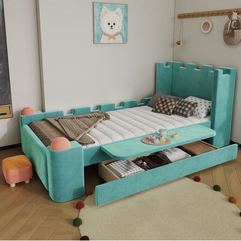 Lit enfant 90x200 cm bleu vert en velours français avec étagère rabattable et tiroir de rangement (1/5)