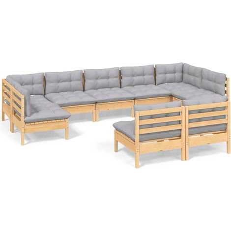 Maison Exclusive - Set Divani da Giardino 9 pz con Cuscini Grigi Massello di Pino (1/5)